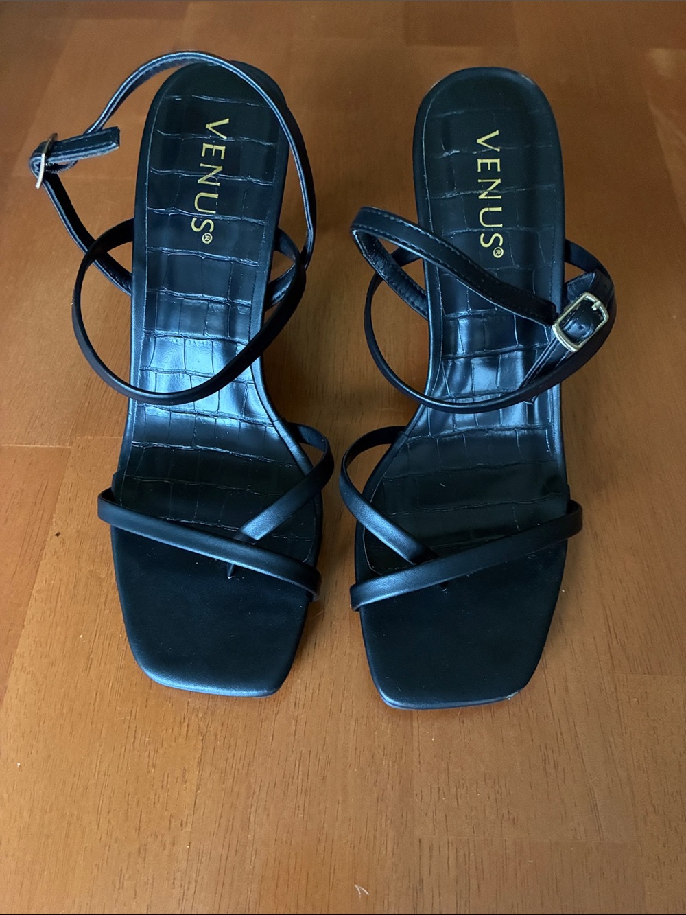 VENUS Black Strappy Square-Toe Ankle Strap Heels with Croc-Textured Insole